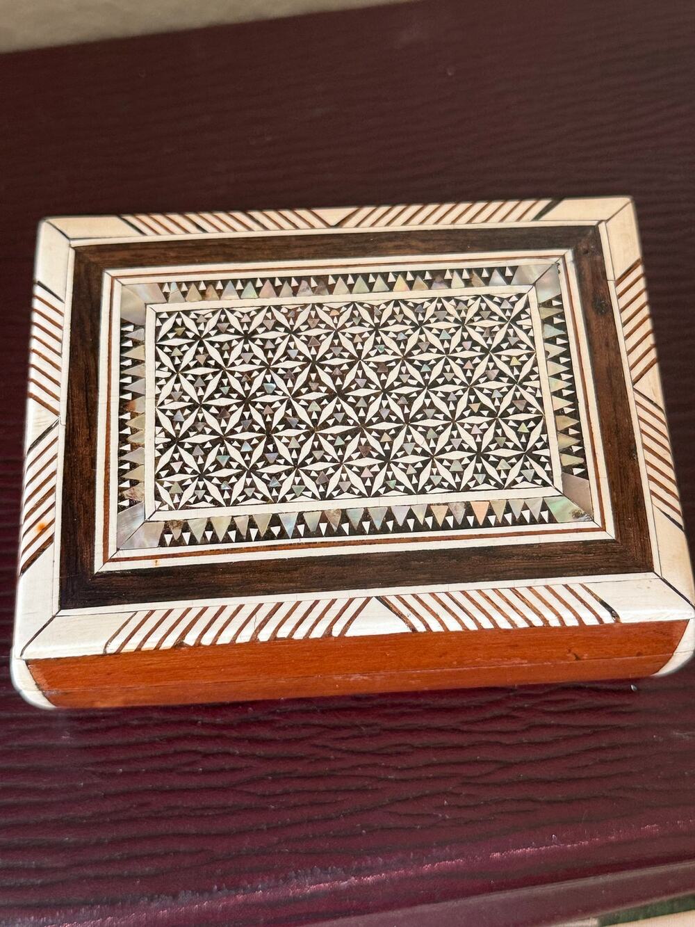 Vintage Syrian Mosaic Marquetry Trinket Box Mother of Pearl Inlay Damascus
